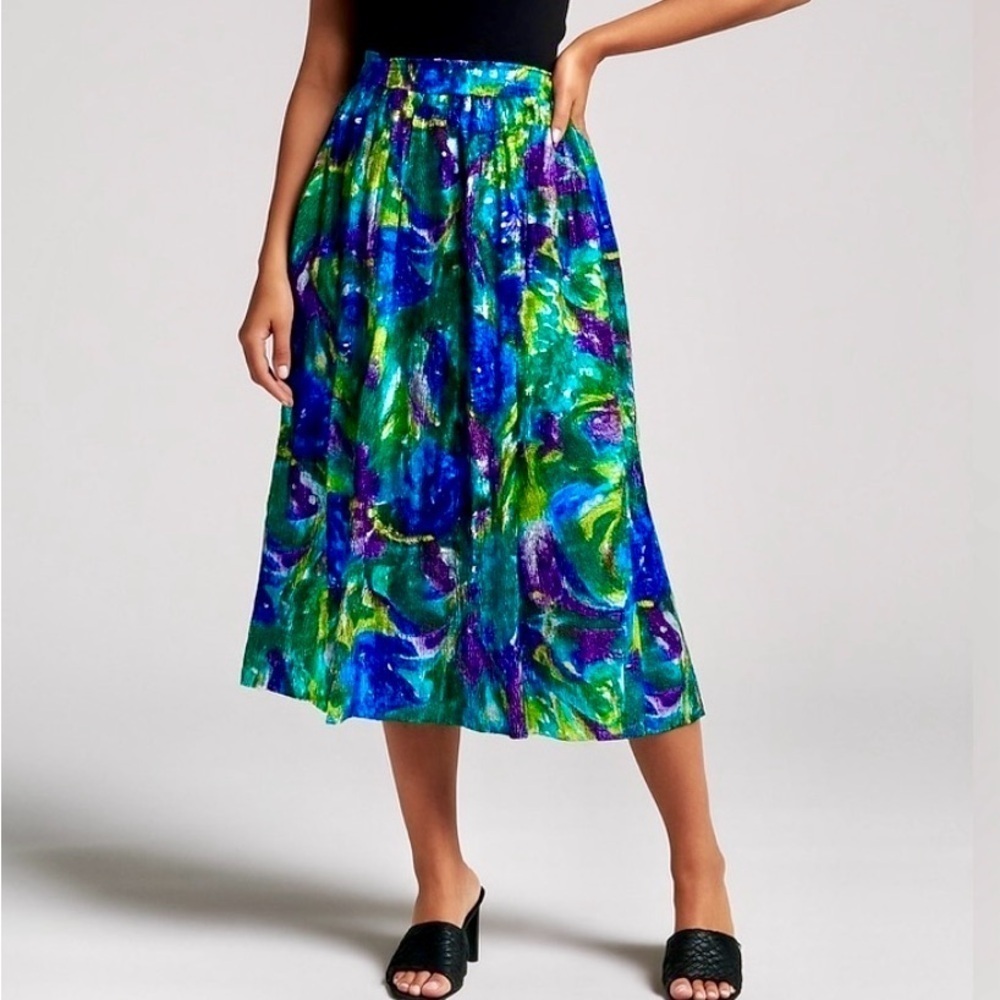 Vintage 100% Silk Diane Gilman sequins watercolor Midi Skirt Pull On 80s Y2K